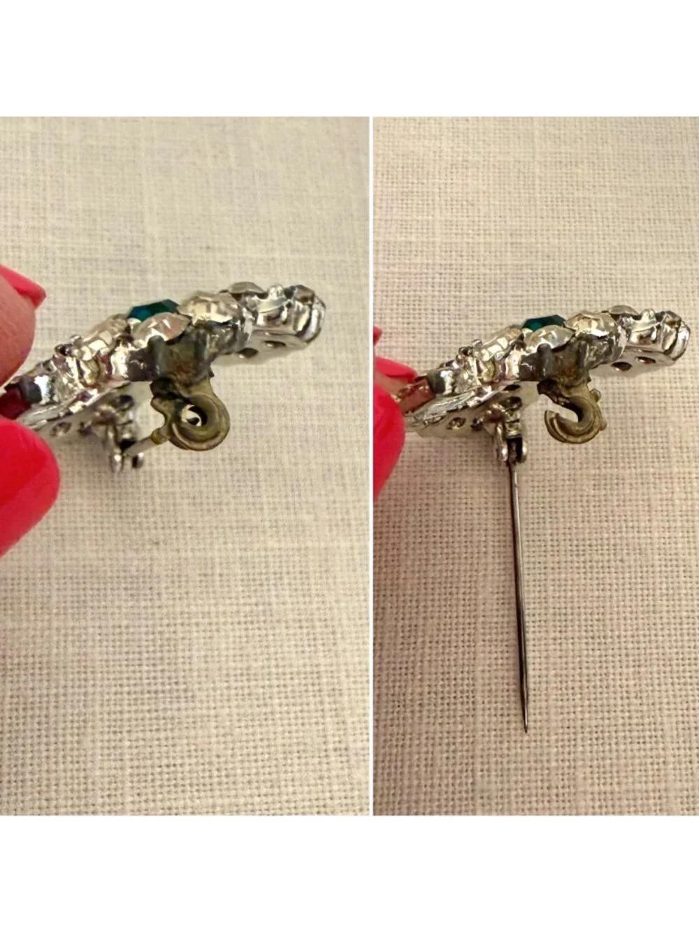 Vintage Silver Tone Rhinestone Flower Brooch Green Floral Pin 1960s